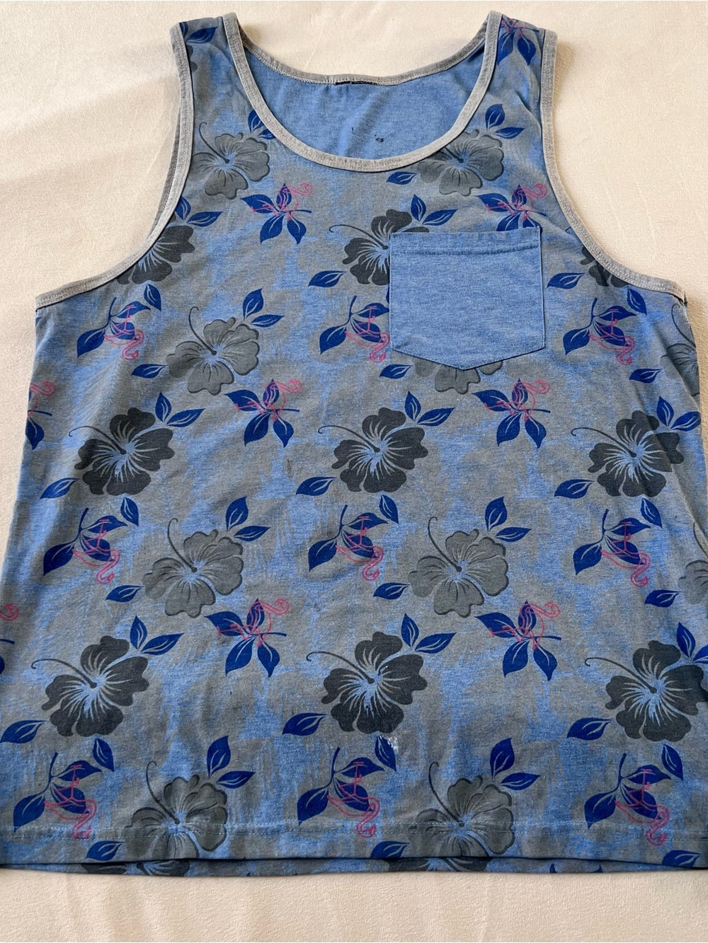 Men's Blue Floral Hibiscus 🌺 Flamingo Tank Top Vacation Pocket Tee Summer Light